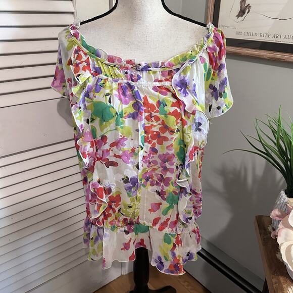 EXPRESS Womens Top Large Colorful Sheer Chiffon Blouse Off Shoulder Feminine - Picture 1 of 9